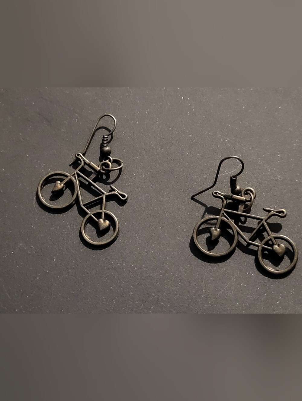 Antique Bronze Tone Bicycle Earrings | Heart Wheels Dangles